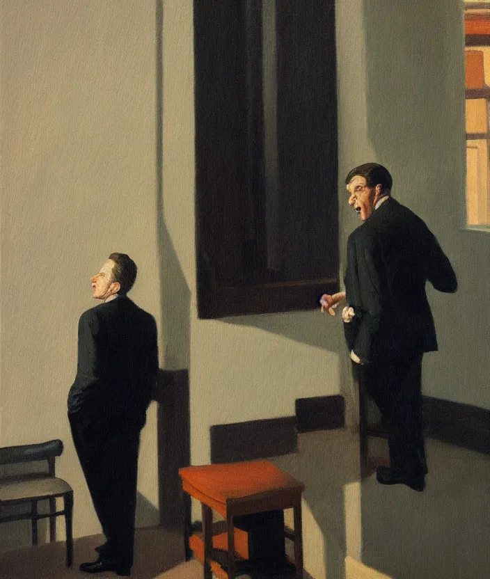 Image similar to a portrait painting of a man in a suit, the man is screaming and sad, highly detailed facial details, the man is alone in front of a window, in the style of edward hopper, 4 k,