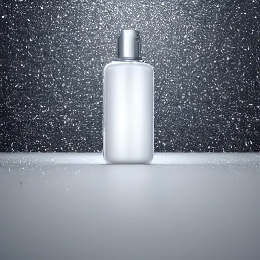 Prompt: perfume bottle buried in white glitter on a zen clean modern minimalist beach with an ocean view, frozen and covered in ice, by peter tarka in an ivory room well contoured smooth fair walls, zaha hadid octane highly render, 4 k, ultra hd,