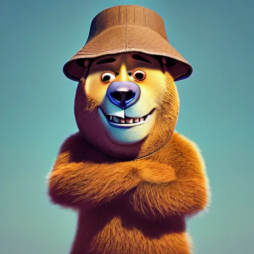 Prompt: a bear wearing a bucket hat. pixar.