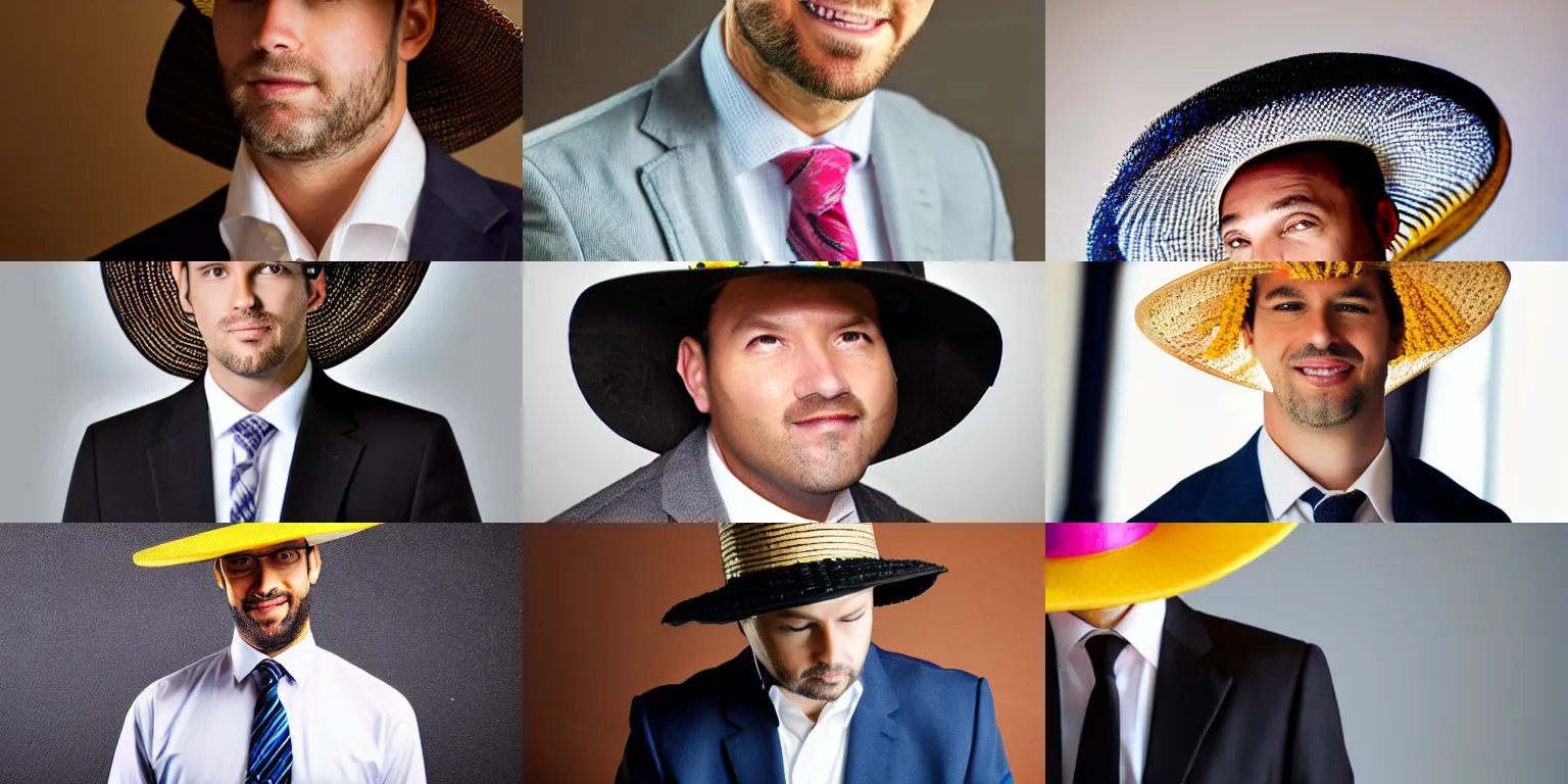 Prompt: glamour shot of a businessman wearing an exotic hat