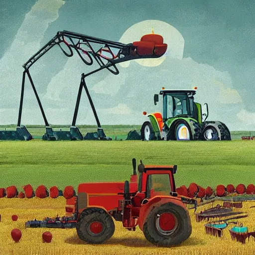 Prompt: agricultural machinery taking over the world, machine revolution, art by alex jay brady, art by simon stalenhag