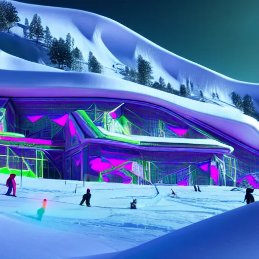 Image similar to : hyperbolic psychedelic ski resort, luxury, modern architectural plans hyper - realistic, detailed, render by c 4 d octane, unreal engine, 8 k 3 d render ray traceing