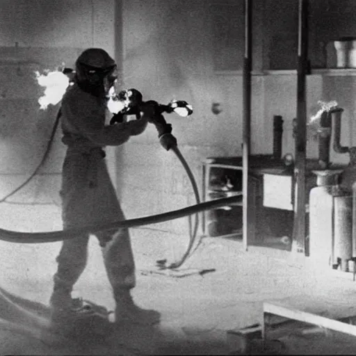 Prompt: Photograph of a laboratory where a scientist with a flamethrower fights off the omega death virus.