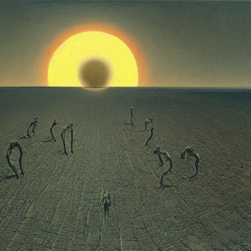 Image similar to two psychopaths cross the desert with a giant sun in the sky burning everything around them painting by Zdzisław Beksiński