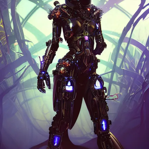 Prompt: mystical evil scifi cyborg android queen with obsidian eyes, wearing an elaborate medieval helmet, in a jungle of subsurface wax tendril leaves, volumetric lighting, realistic concept art, octane render, 8 k, unreal engine, art by todd mcfarlane and artgerm and greg rutkowski and alphonse mucha