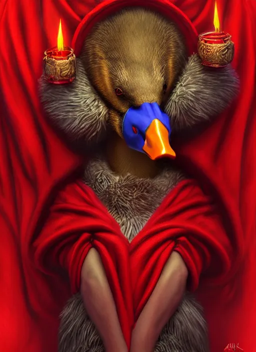 Image similar to cute fluffy mallard duck wearing red cultist robe, sacrificial altar in background, details, fantasy, epic, ancient city, intricate, decadent, highly detailed, octane render, digital painting, artstation, concept art, sharp focus, illustration, art by artgerm, loish, wlop