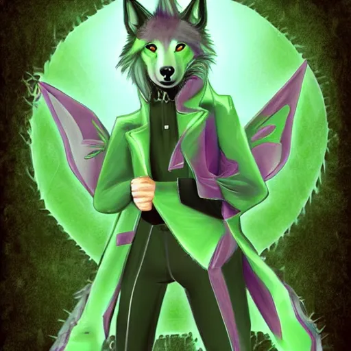 Image similar to Beautiful digital painting, anthro anthropomorphic pastel-green androgynous wolf, Punk outfit.