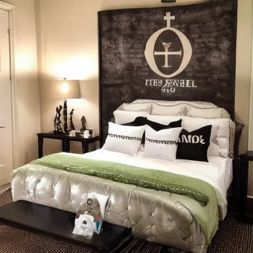 Image similar to designer bedroom with Bible themed bed, bible themed walls, bible themed carpet, bible themed furniture and Bible themed decor, interior photo