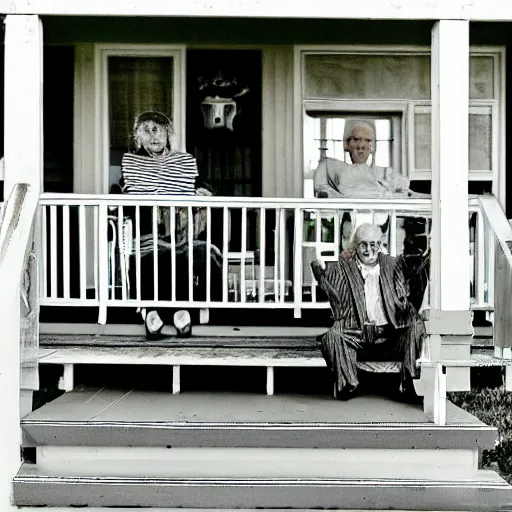 Prompt: tiny old man and his giant tall frightening skeleton wife sit in rocking chairs on on the porch of their house, 8mm photography