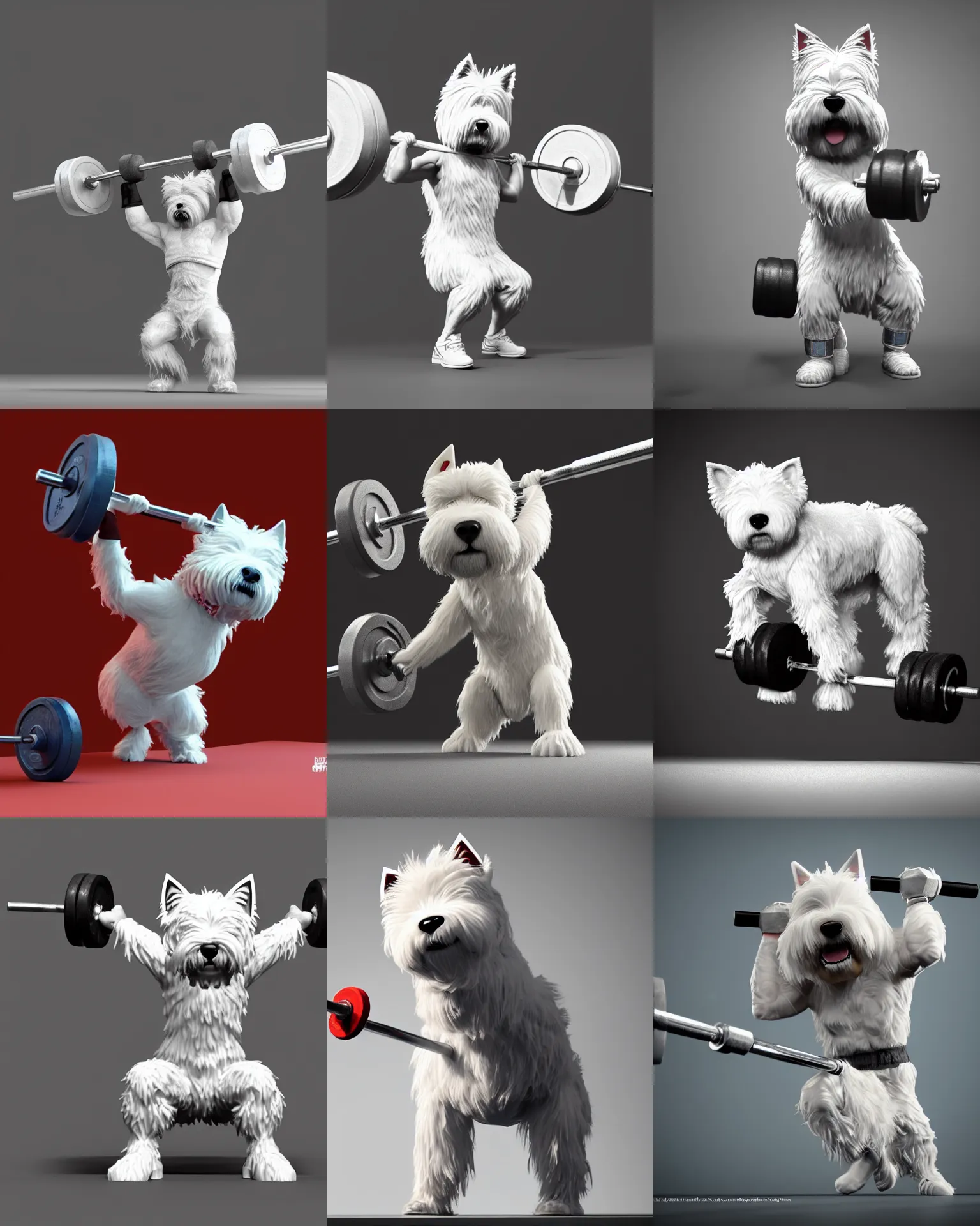 Prompt: an anthropomorphic west highland white terrier weight lifting weightlifting barbell up, over it's head, in olympic, 3 d render, photo realistic, epic lighting, concept art, 4 k, artstation, cgsociety