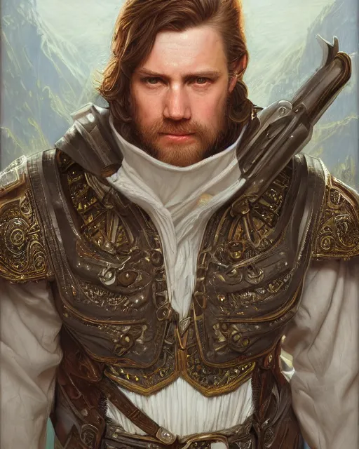 Image similar to white male rogue bard portrait, highly detailed, very intricate, symmetrical, cinematic lighting, closeup painted portrait, by donato giancola and mandy jurgens and magali villenueve, featured on artstation