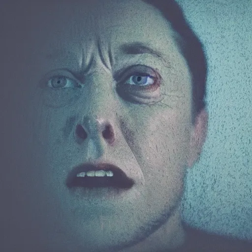 Image similar to dark photo of dark blue rainy bedroom window at night, dimly lit creepy ( ( ( ( ( contorted distorted ) ) ) ) ) screaming face of elon musk staring in through the window, white demonic eyes, horror, scary, 4 k, sweaty, face, demonic face,