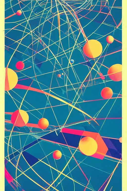 Prompt: retro 8 0 s poster graphics of geometric representation of gravity effects on space and time, geometric design, movement, perfect geometry, spheres, retro poster, symmetrical, serious, 8 0 s pop colors, poster