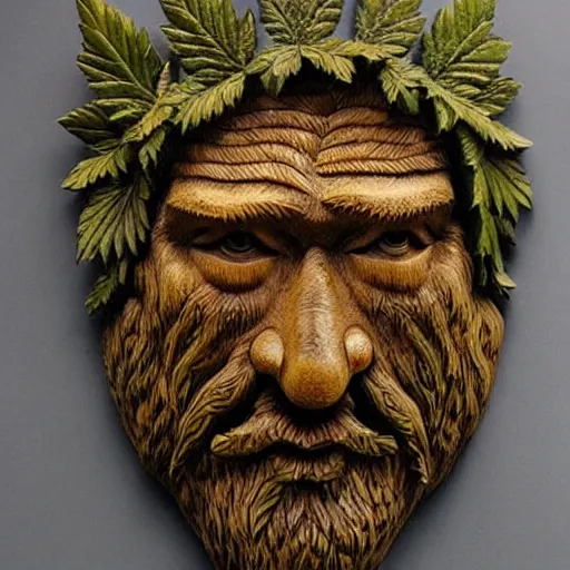 Image similar to highly detailed wood carving depicting the face of the green man, as if made of cannabis leaves