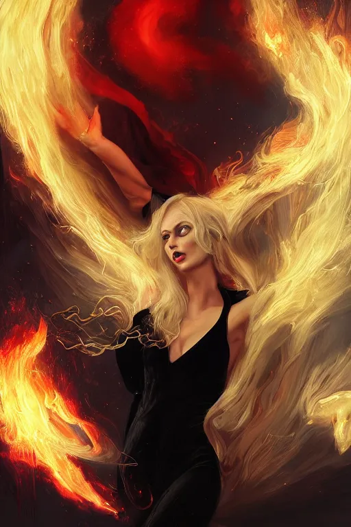 Image similar to blonde woman 2 0 yo in a black velvet cat costume wearing exploding fire electricity and blood, sorcerer, diamonds, angel, fantasy, dramatic lighting, highly detailed, digital painting, holding electricity, magic the gathering, hyper detailed, 3 d render, hyper realistic detailed portrait, peter mohrbacher, wlop, ruan jia