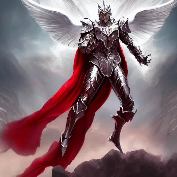 Image similar to male angel flying over hell, white metallic armor, red cape, detailed arms, intricate white armor, two arms, two legs, detailed fanart, rpg art, d&d art, macro art, digital art, DeviantArt, artstation, 8k HD
