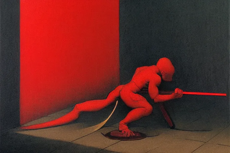 Image similar to only with red, a red samurai do seppuku, tokio, a lot of frogs watch, in the style of beksinski, parts by edward hopper, parts by rodcenko, parts by yue minjun, intricate and epic composition, red by caravaggio, insanely quality, highly detailed, masterpiece, red light, artstation, 4 k