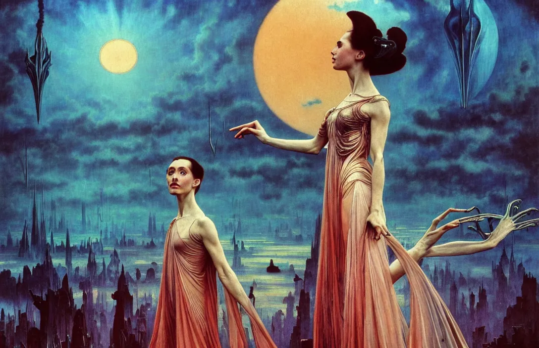 Image similar to realistic detailed portrait movie shot of a prima ballerina wearing a dark robes, sci fi city landscape background by denis villeneuve, amano, yves tanguy, alphonse mucha, ernst haeckel, max ernst, roger dean, masterpiece, rich moody colours, dog teeth, blue eyes, sunset