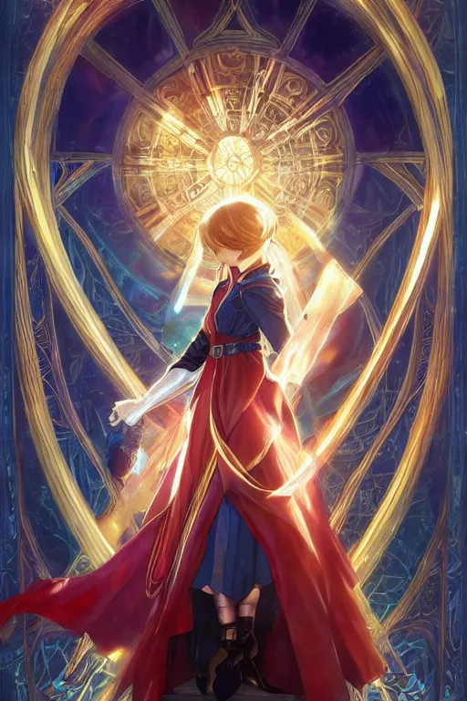 Image similar to anime key visual of a beautiful young female doctor strange, marvel comics, spells, magic, intricate, magical village, stunning, highly detailed, digital painting, artstation, smooth, hard focus, illustration, art by artgerm and greg rutkowski and alphonse mucha