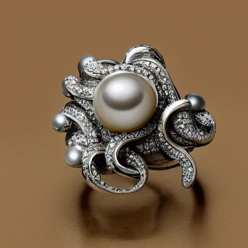 Prompt: hd photo of a octopus ring with diamond and pearls by chanel, art nouveau, denoise, deblur