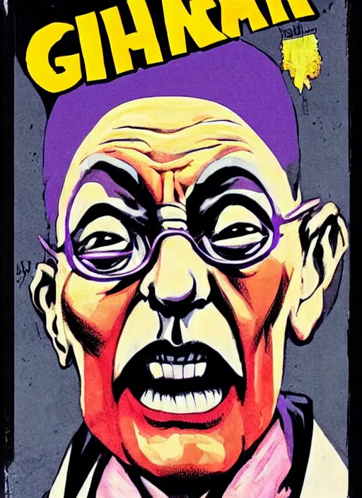 Image similar to Ghandi as the Joker from batman, comic book cover art, bright colourful, detailed, slightly sinister