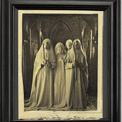 Image similar to 1 9 th century photo of 3 mary's at the tomb of jesus, by julia margaret cameron, beautiful composition