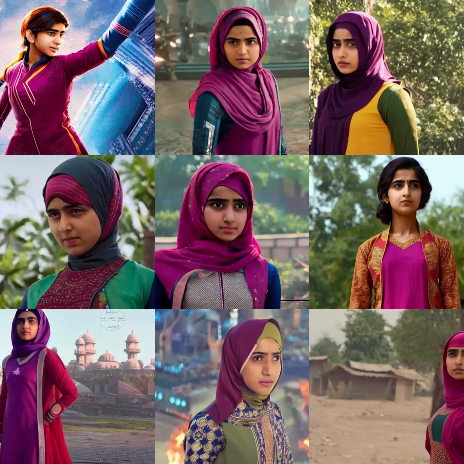 Prompt: A teenage Pakistani superhero girl, wearing a kurta and hijab, film still from Avengers Endgame