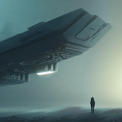 Prompt: cinematic view, giant futuristic cyberpunk spacecraft, blade runner, dense fog, bloom, cinematic lighting, ultra detailed, trending on artstation, dune style, mid tone, denis villeneuve