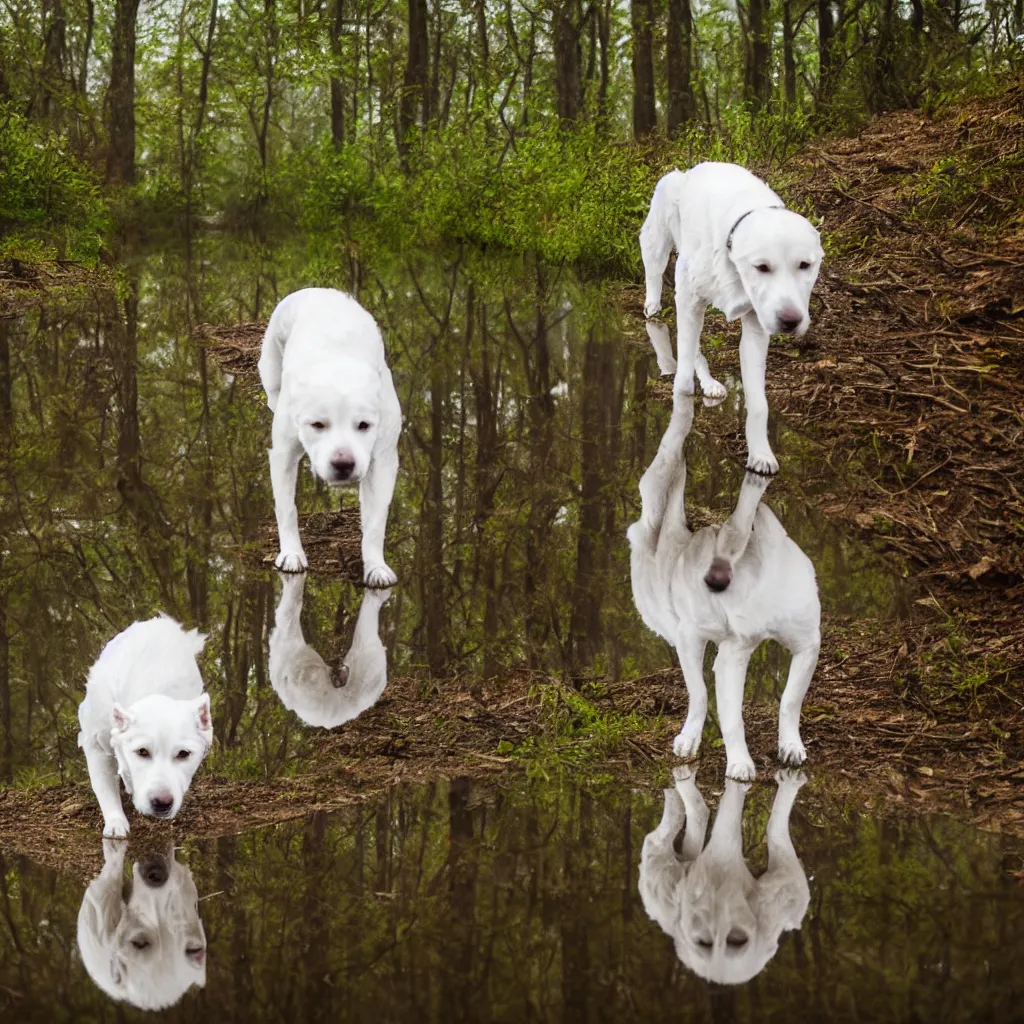 Prompt: white siberian laika dog, with reflection in the puddle, foggy old forest, very detailed, 4 k, professional photography