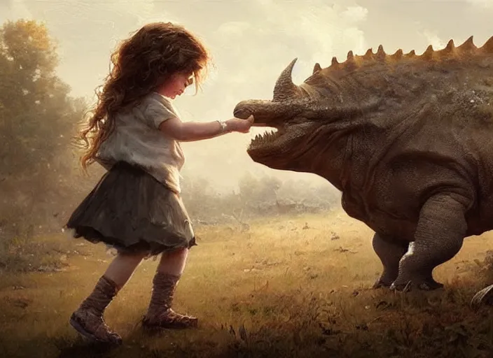 Prompt: a cute little girl with wavy curly brown hair meets a triceratops. beautiful painting by greg rutkowski