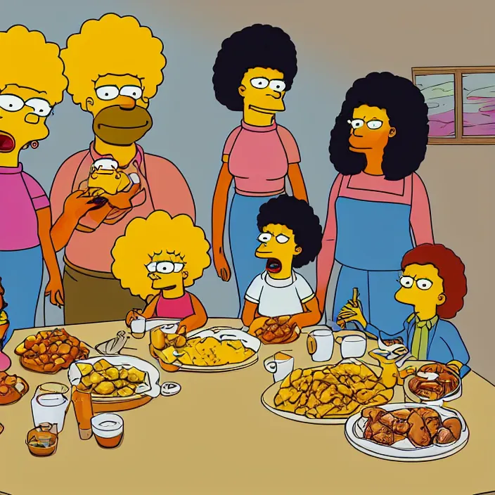 Prompt: African American family in 1979 with two daughters and a son eating chicken, mash potatoes, and rolls for dinner. Cartoon version Simpsons style