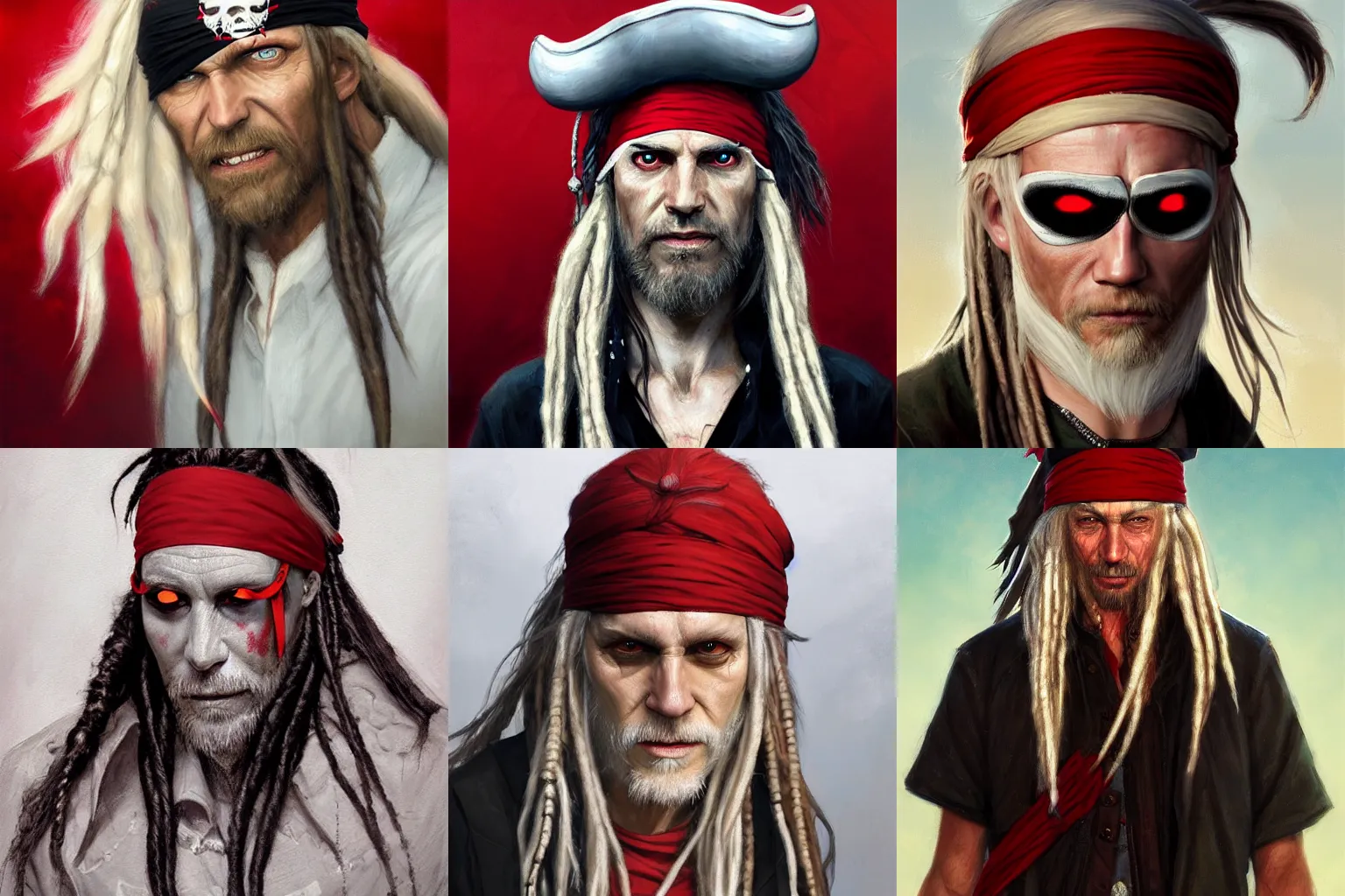 Prompt: portrait of a white hair old skinny pirate with long white dreadlock hair, crooked teeth, wearing a red headband and black hat, one eyepatch very detailed painting featured in artstation, concept art by Greg Rutkowski, WLOP, Dan Mumford, Christophe Vacher