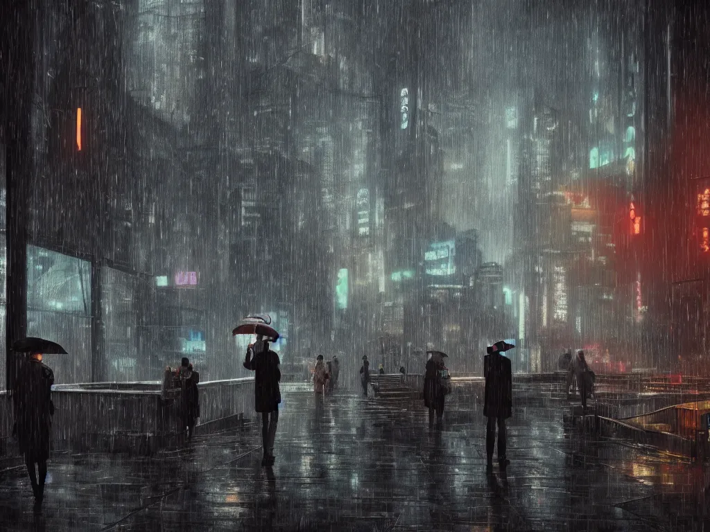 Prompt: People with umbrellas on terrace, rainy atmosphere in the style of cyberpunk. Dramatic, Cinematic, ArtStation, realistic photograph, ambient, dark shades of colors, Unreal Engine 5, rendered by Octane.