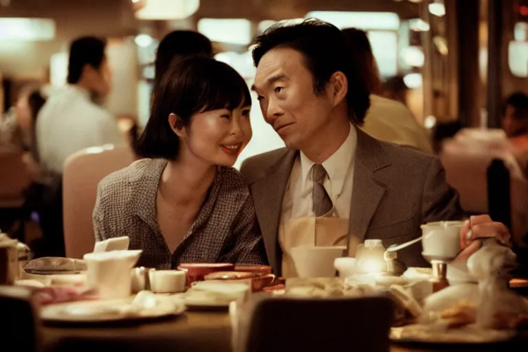 Image similar to movie interior closeup beautiful Japanese couple closeup sitting and talking at 50s diner, night in the city, beautiful skin, by Emmanuel Lubezki