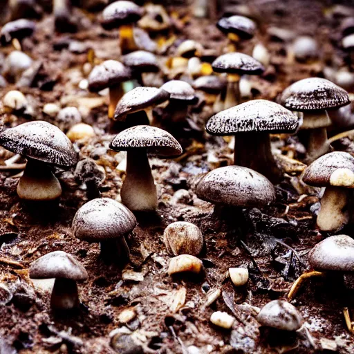 Image similar to a sharp photograph of a clump of rocky road ice cream cones growing in the deep lush forest like mushrooms. Shallow depth-of-field, dramatic light