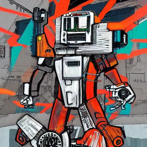 Image similar to realistic combat mecha in the style of jean - michel basquiat, beeple, junji ito, metal shaded