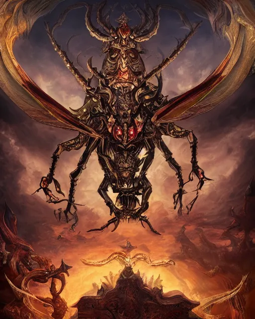 Image similar to A epic and beautiful rococo painting of The Arabian demonic insect lord. ultra-detailed. Castlevania style. Anime, pixiv, UHD 8K CryEngine, octane render