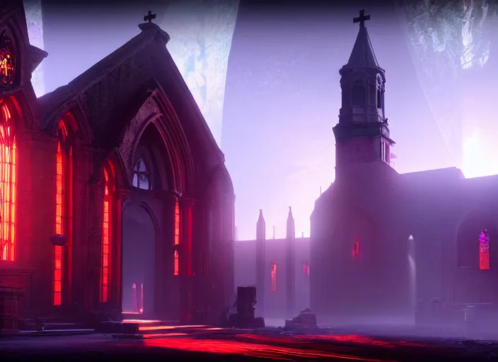 Image similar to ancient church of worship with red shafts of light in destiny 2, foggy, liminal, dark, dystopian, beautiful architecture, abandoned, highly detailed 4 k 6 0 fps destiny 2 promotional poster image wallpaper expansion