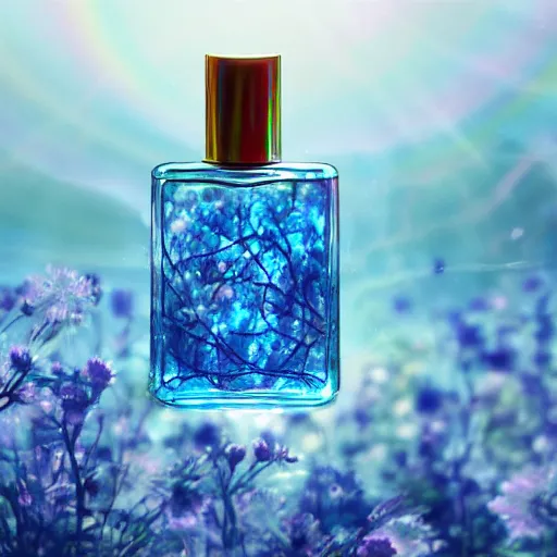 Image similar to photorealistic blue perfume bottle surrounded by plethora of blue flowers, lonely world still shining through faintly rainbow led lights, beautiful surreal scenery artwork pixiv. soul dust. unthinkable dream sublime god lighting, sun rays, cold colors. insanely detailed, artstation!! pixiv!! infinitely detailed created by god