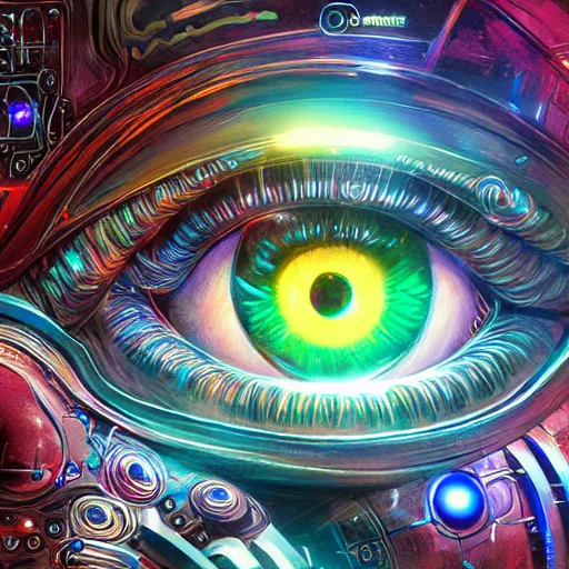Image similar to Cybernetic Eye with intricate reflections and circuits, colorful, fantasy, vivid colors, concept art, sharp focus, digital art, Hyper-realistic, 4K, Unreal Engine, Highly Detailed, HD, Dramatic Lighting by Brom, trending on Artstation