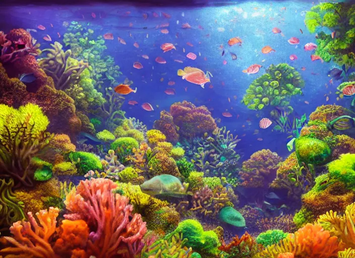 Image similar to overgrown foliage overtaking favela, underwater, colorful coral reef, scenery, professional, award - winning, trending on artstation, detailed, realistic, beautiful, emotional, shiny, golden, picture