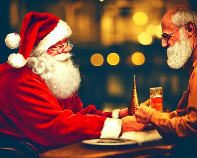 Prompt: santa claus chatting with socrates in a bar, professional photography, nighttime, noir photo, colors, golden lights, calm feeling