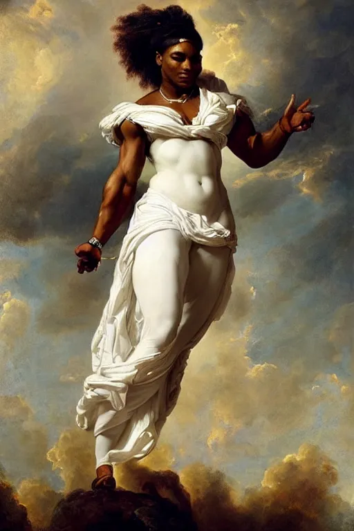 Image similar to Portrait of Serena Williams as Nike Goddess, large wings, luxuriant, dreamy, eternity, romantic, strong pose, highly detailed, in the style of Franz Xaver Winterhalter, highly detailed, in the style of Aetherpunk