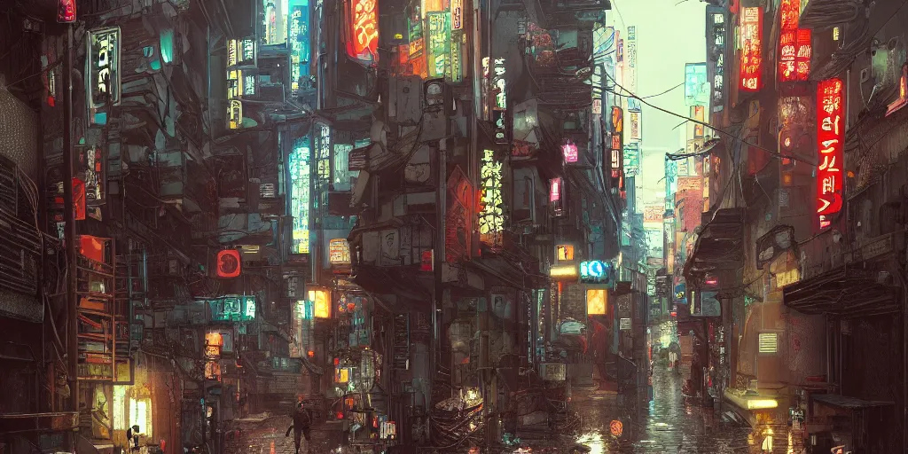 Prompt: Cyberpunk back alley on a rainy day in Japan, low angle view, detailed matte painting, cinematic, Moebius, Artstation