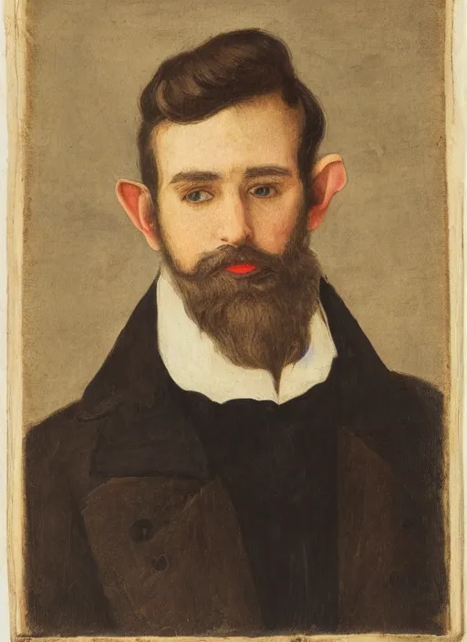 Image similar to portrait of handsome young elf with brown eyes brown hair and a short neat beard by charles angrand, only one head single portrait, pointy ears, wearing a black leather collared jacket