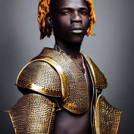 Prompt: a portrait of a beautiful young congolese male wearing an alexander mcqueen armor , photographed by andrew thomas huang, artistic