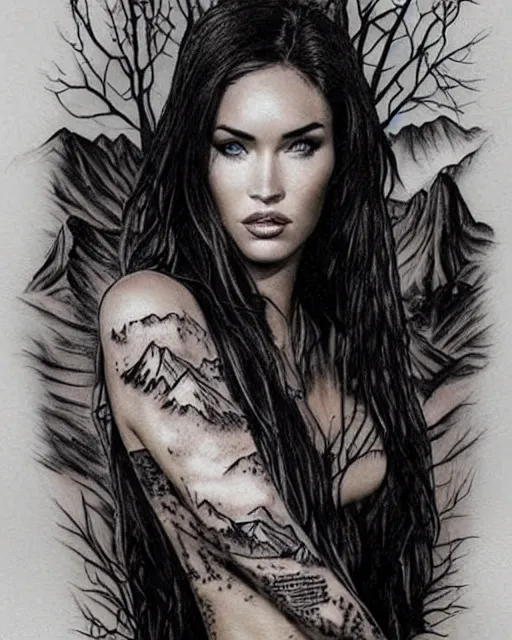 Image similar to creative double exposure effect tattoo design sketch of megan fox with beautiful mountains, realism tattoo, in the style of andrey lukovnikov, amazing detail, sharp