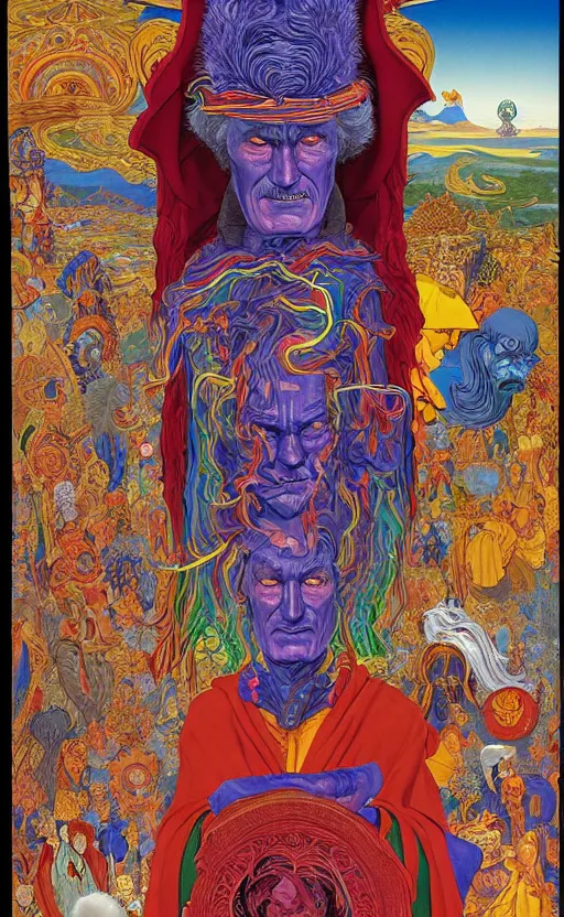 Prompt: a wickedly hilarious jean giraud work of art of timothy leary in the style of a renaissance masters portrait, mystical and new age symbolism and tibetan book of the dead imagery