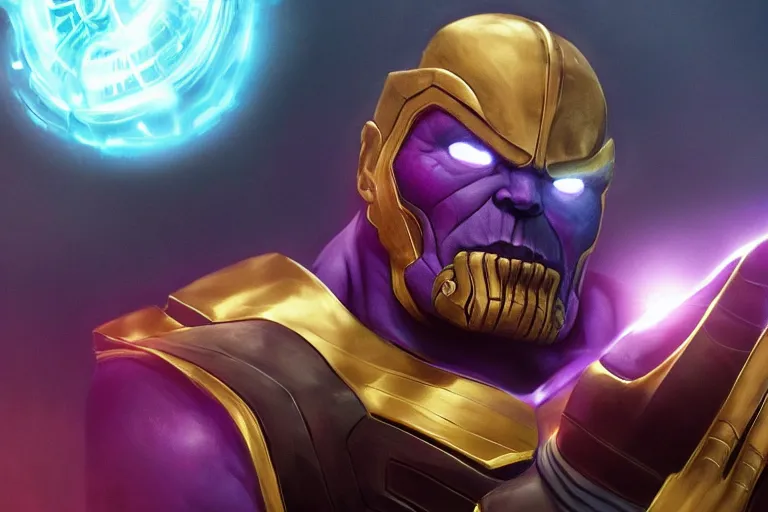 Image similar to Thanos with the Infinity Gauntlet, trending on Artstation, HD wallpaper, 4k, photorealistic, digital art, by Bayard Wu