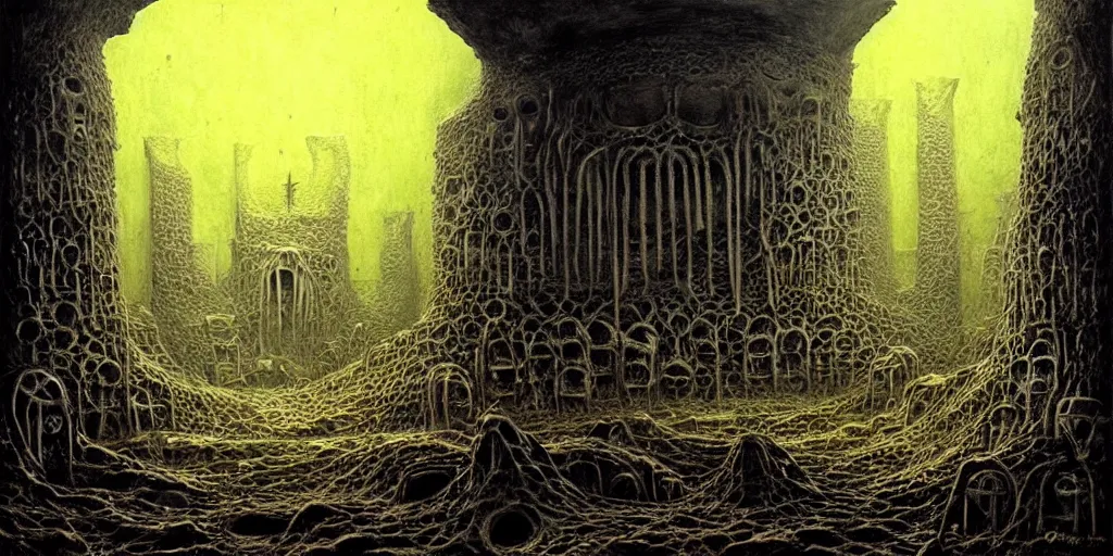 Prompt: Catacombs of the Eldritch Ancestors, by Andreas Rocha and HR Giger and Beksinski